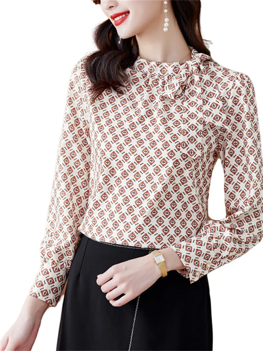 

Women Spring Summer Blouses Shirts Lady Fashion Casual Long Sleeve Bow Tie Collar Plaid Print Blusas Tops CT0325