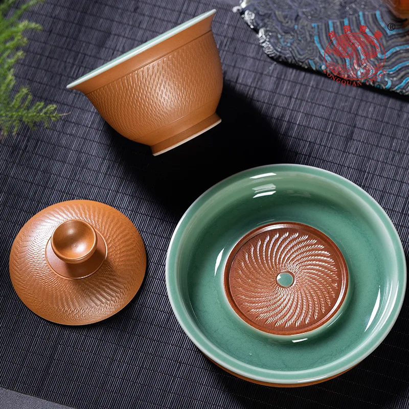 High Quality Celadon Gaiwan High-Grade Handmade Blind Ceramic Chinese Style Tea Ceremony Brewing Bowl Infuser