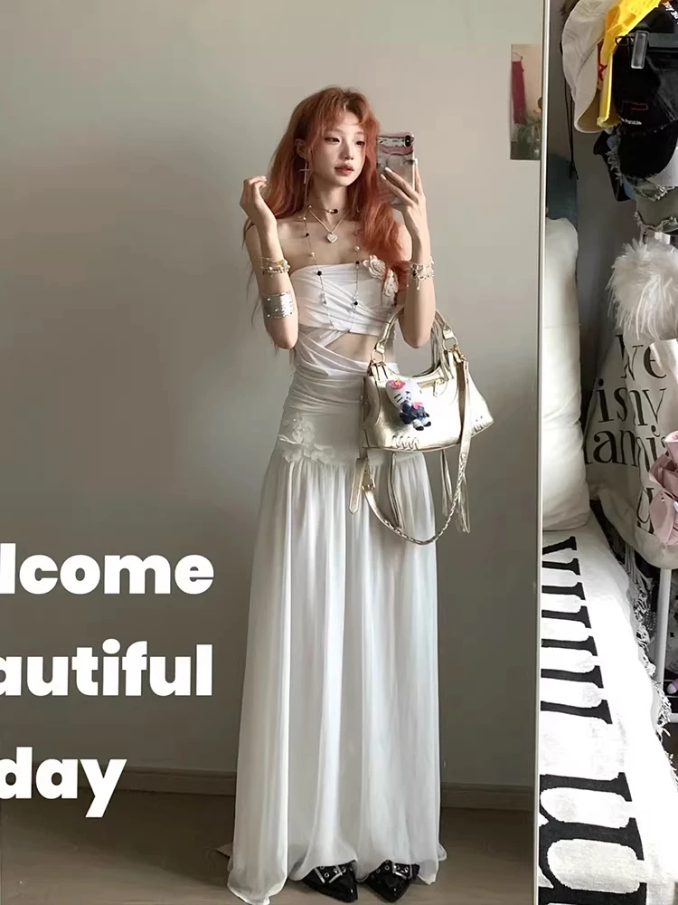 Conjunto de Falda y Top de Satén con Parches, Estilo Maillot, con Flores Blancas y Cintura Descubierta, para Mujer, Talla Grande, Marca Keni, Verano, Ligeramente Abultado