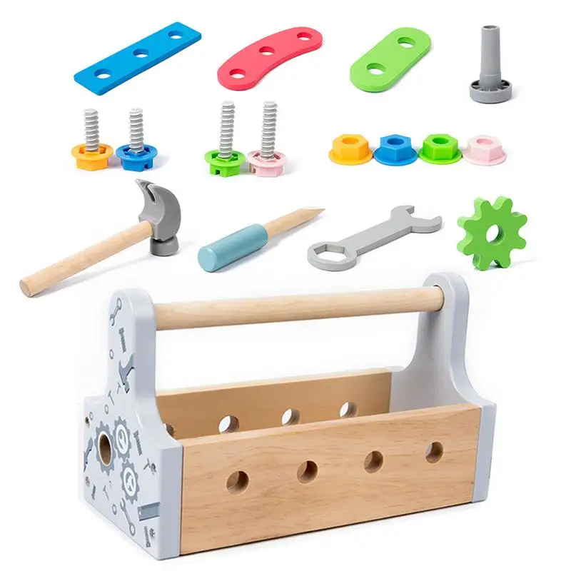 Montessori Tool Set Kids Tool Box with Nut Screw Educational Toys Wooden Tool Kit Preschool Learning STEM Construction Building