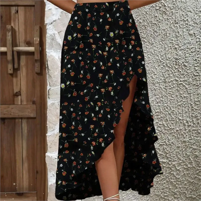 Women's New Summer Floral Dark Lotus Leaf Skirt With Slits And Exposed Legs, Irregular Casual Skirt And Ankle-length Skirt