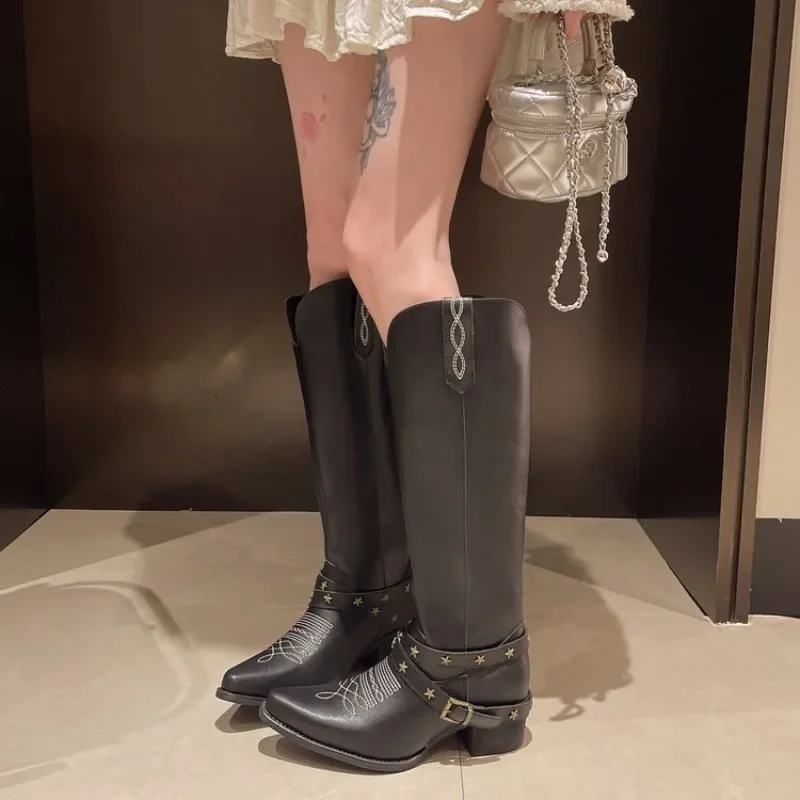 

2025 Hot Selling new Winter Punk Rivet Knee High Boots For Woman Pointed Toe Chunky Heels Vintage Riding Boots Women Shoes
