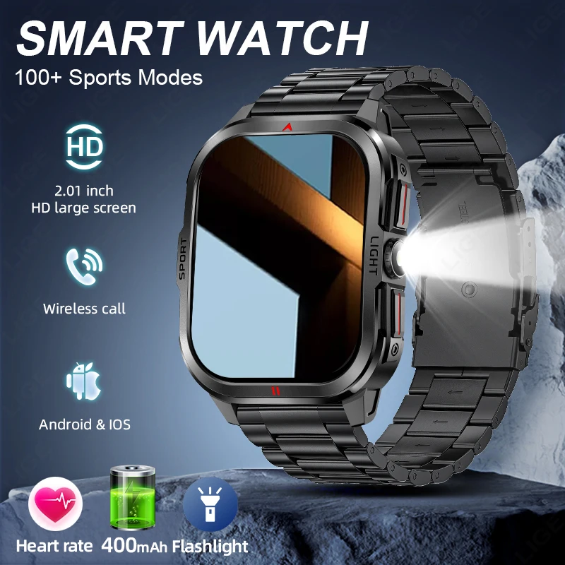 

LIGE 2025 Rugged Military Smart Watch Men Flashlight 3ATM Waterproof 2.01'' HD Screen Health Monitor Bluetooth Call Smartwatch