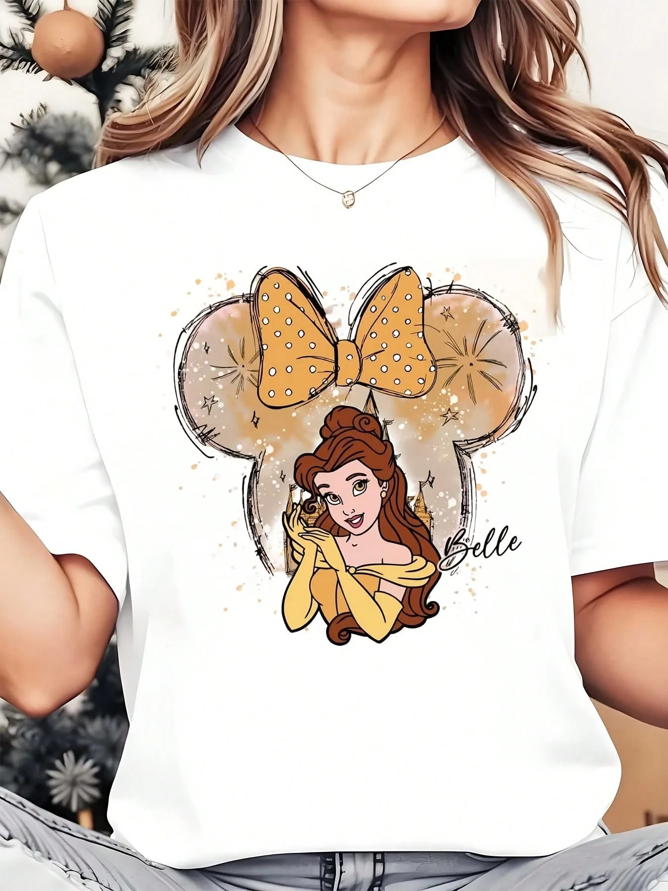 Maglietta Disney Taglie multiple Serigrafia Belle Abito giallo Fiocco Regalo di compleanno casual