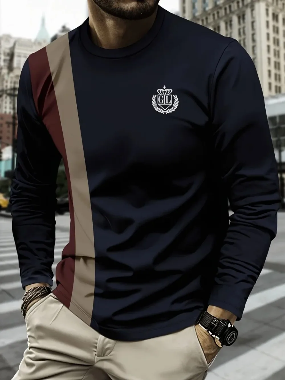 New Striped Eagle Emblem Breathable Round-neck 3D Print Men's Long-sleeved T-shirt - Outdoor Leisure, Street Sports, Family Wear