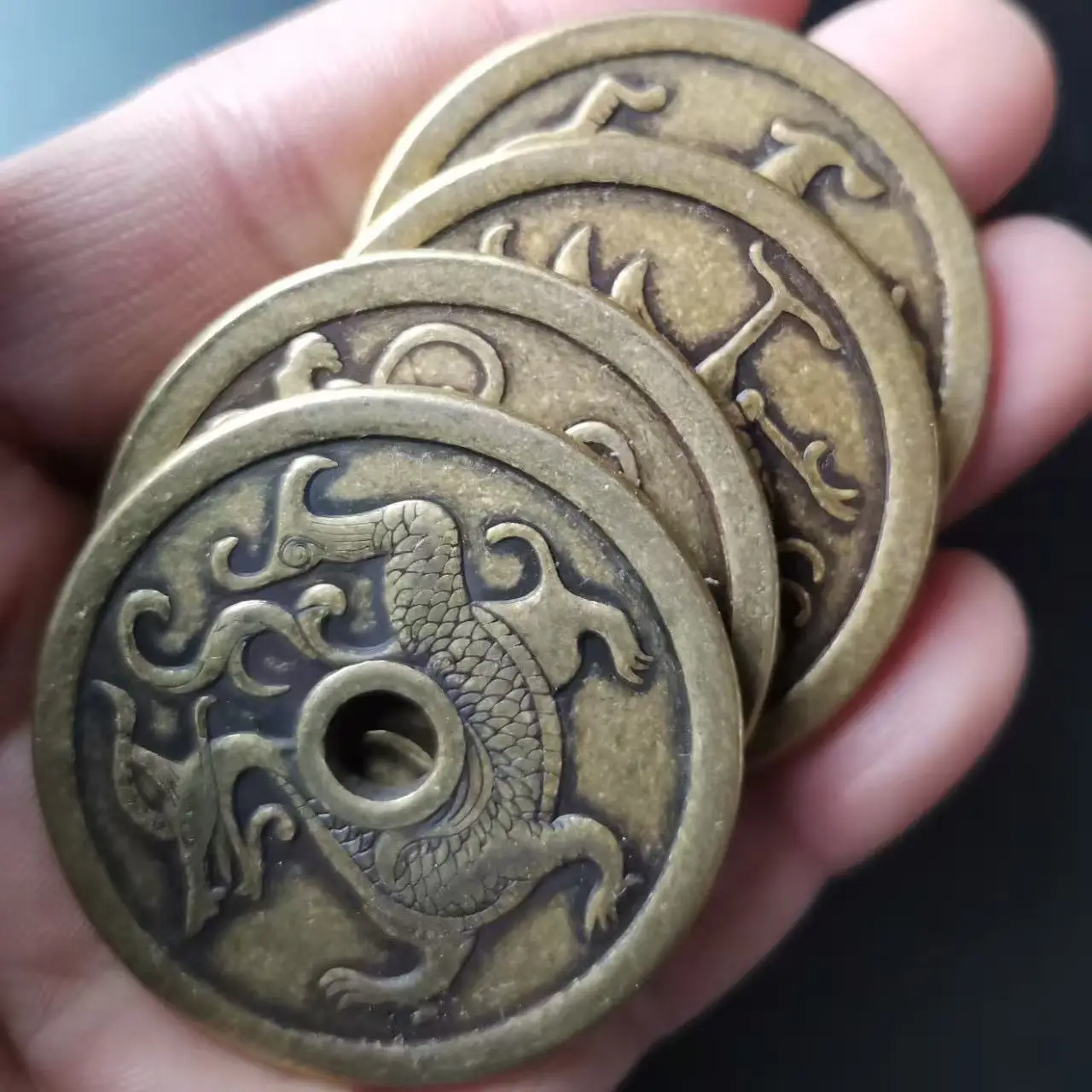 43mm Thicken Old Brass Coins Set Ancient Four Mythical Beasts Coins for Collection Lucky Feng Shui