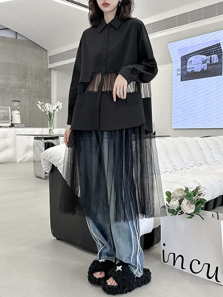 [EAM] Women Black Big Size Long Mesh Perspective Blouse New Lapel Long Sleeve Shirt Fashion Tide Spring Autumn 2024 1DH4545