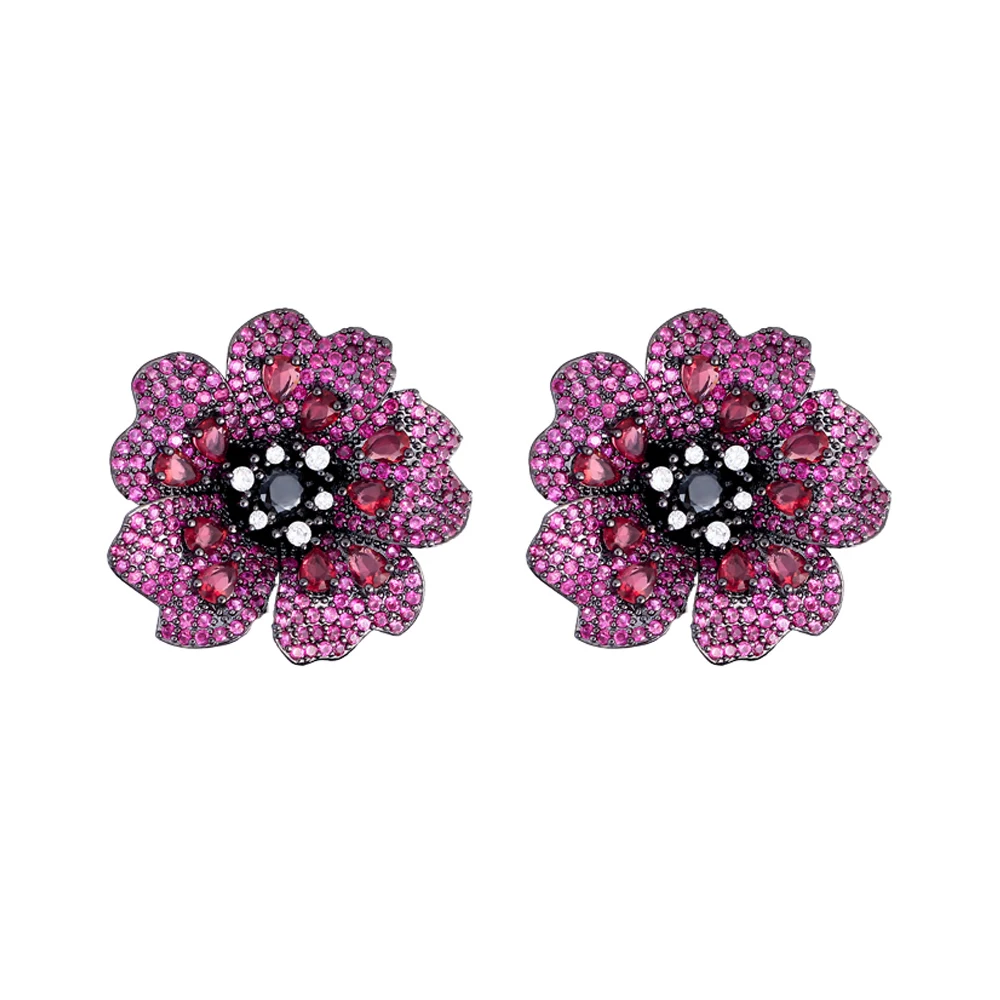 ThreeGraces Luxury Rose Red Cubic Zirconia Big Flower Stud Earrings for Women Fashion Elegant Daily Party Costume Jewelry E1905