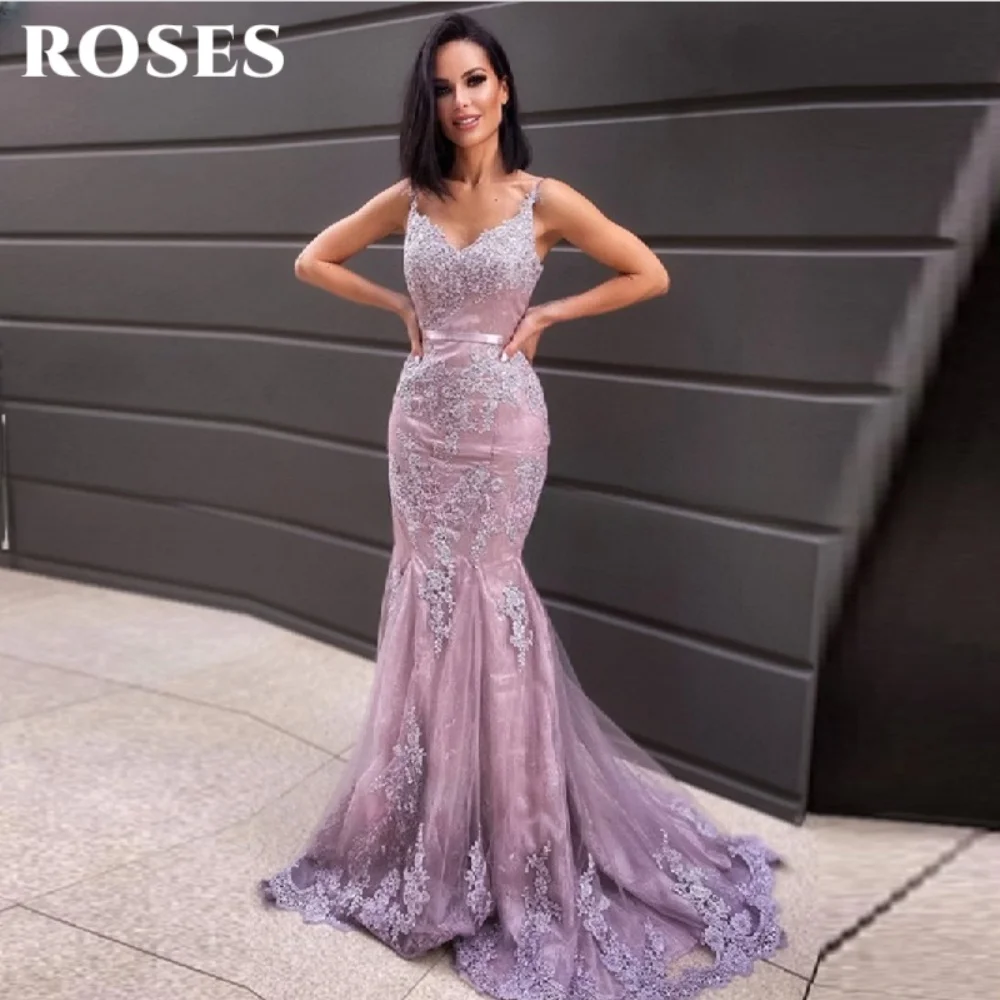 

ROSES Purple Elegant Prom Dress Sweetheart Spaghetti Straps Prom Gown Lace Appliques Mermaid Evening Dress for Woman Customized