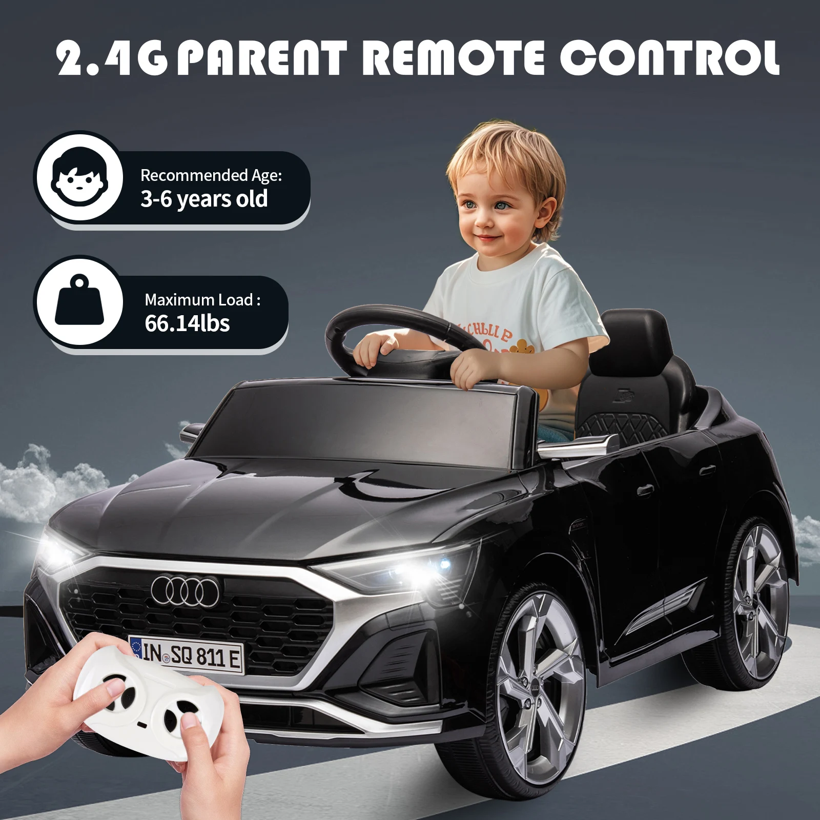 12V kinderrit op auto, gelicentieerde Audi SQ8 elektrische auto voor kinderen met afstandsbediening, dubbele aandrijving, zachte start, muziek, LED-verlichting