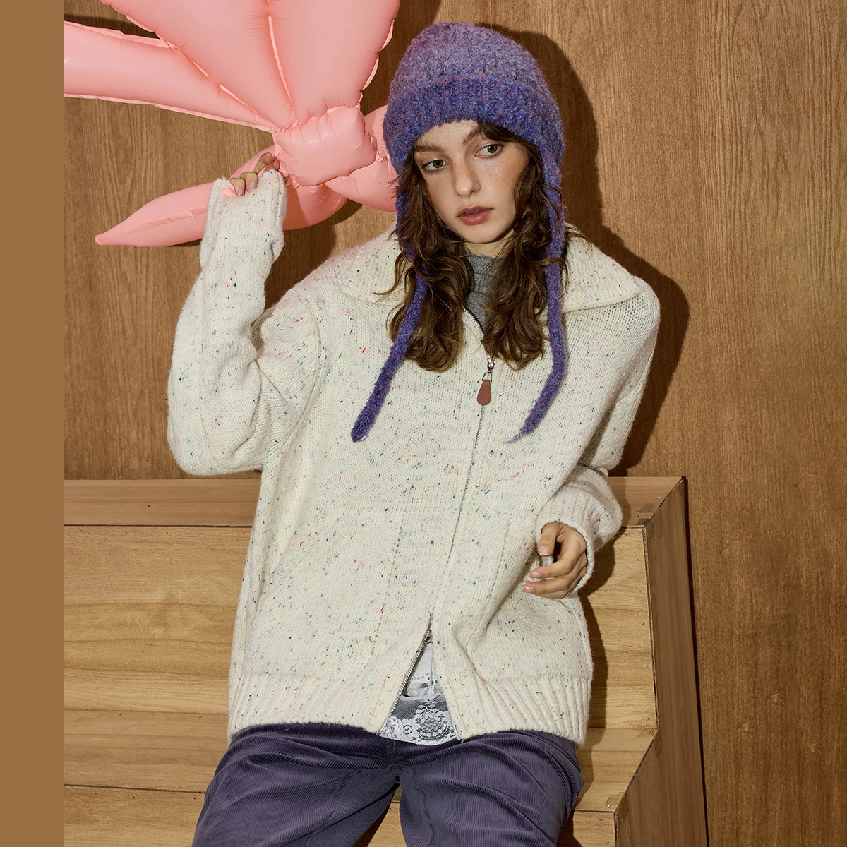 

2025 Autumn Women's Vintage Melange Lapel Cardigan Glitter Details Short Double Zip Up Knit Coat Oversize Y2K Loungewear Sparkly