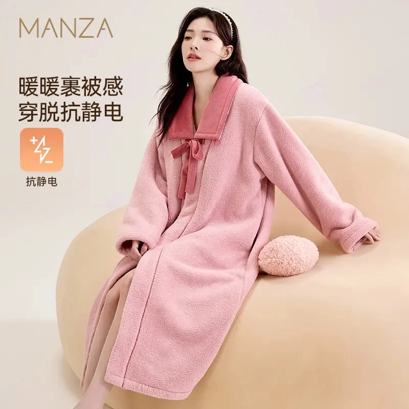 Butterfly Knot Anti-Static Double-Sided Velvet Women Winter With Thick Warm Velvet Medium to Long Length Sleeping Robe Bathrobe