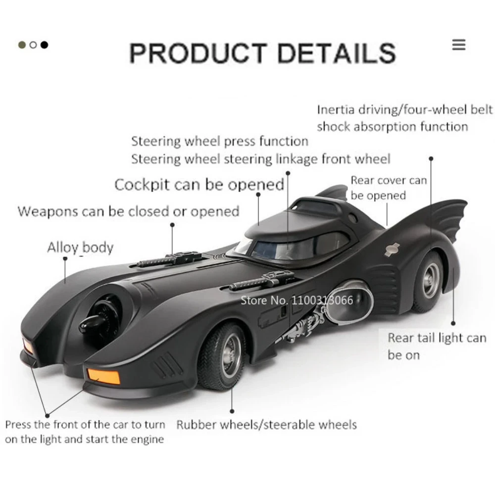 1/18 Scale Batmobile Toys Car Model Alloy Diecast Metal Model Vehicle   with Sound Light Same Film Style Birthday Gifts For Boys