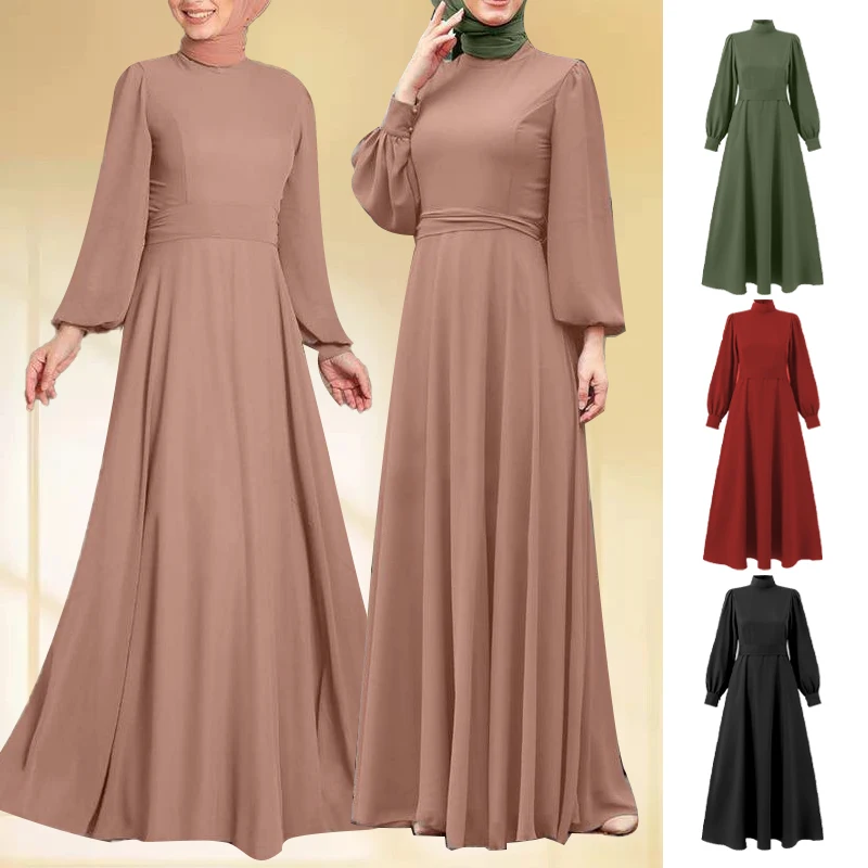 

Ladies Muslim Holiday Party Fashion Sundress Turkish Muslim Solid Color Dress Spring Autumn Long Sleeve Oversized Floor Robe