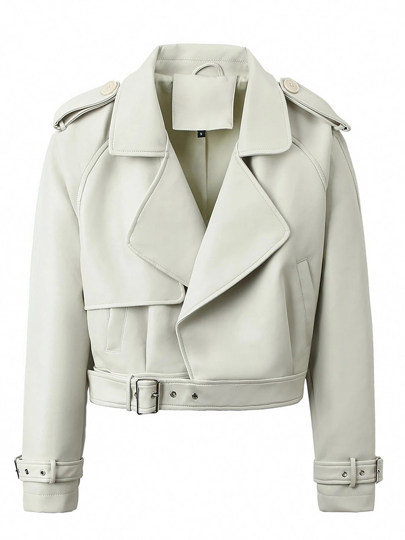 سترة نسائية للخريف والشتاء بأكمام طويلة وطية صدر السترة بلون سادة معطف جلدي أساسي أنيق للشارع للنساء #6