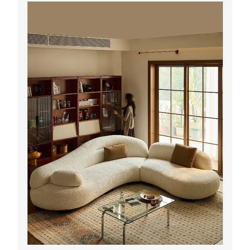 Curved Cream Fabric Sofa French Style Modular Corner Couch Soft Upholstered Seating for Living Room Princess Decor