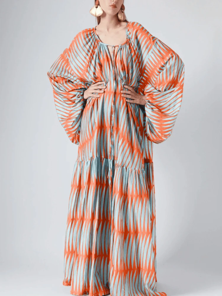 

autumn women's long sleeved casual style polyester material 2025 new fashionable round neck printed pullover dress