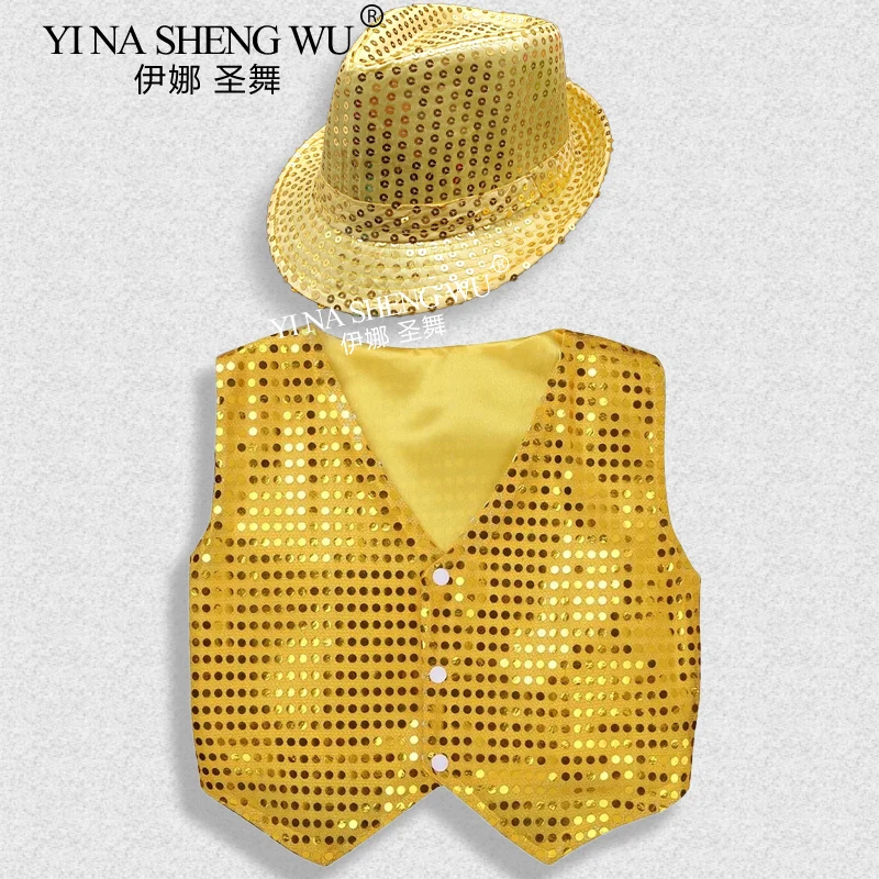 Jazz Dance Kostüm Pailletten Weste + Hut Set Kinder Jungen und Mädchen Hip Hop Street Dance Bühne Leistung Tragen Weste und Hut
