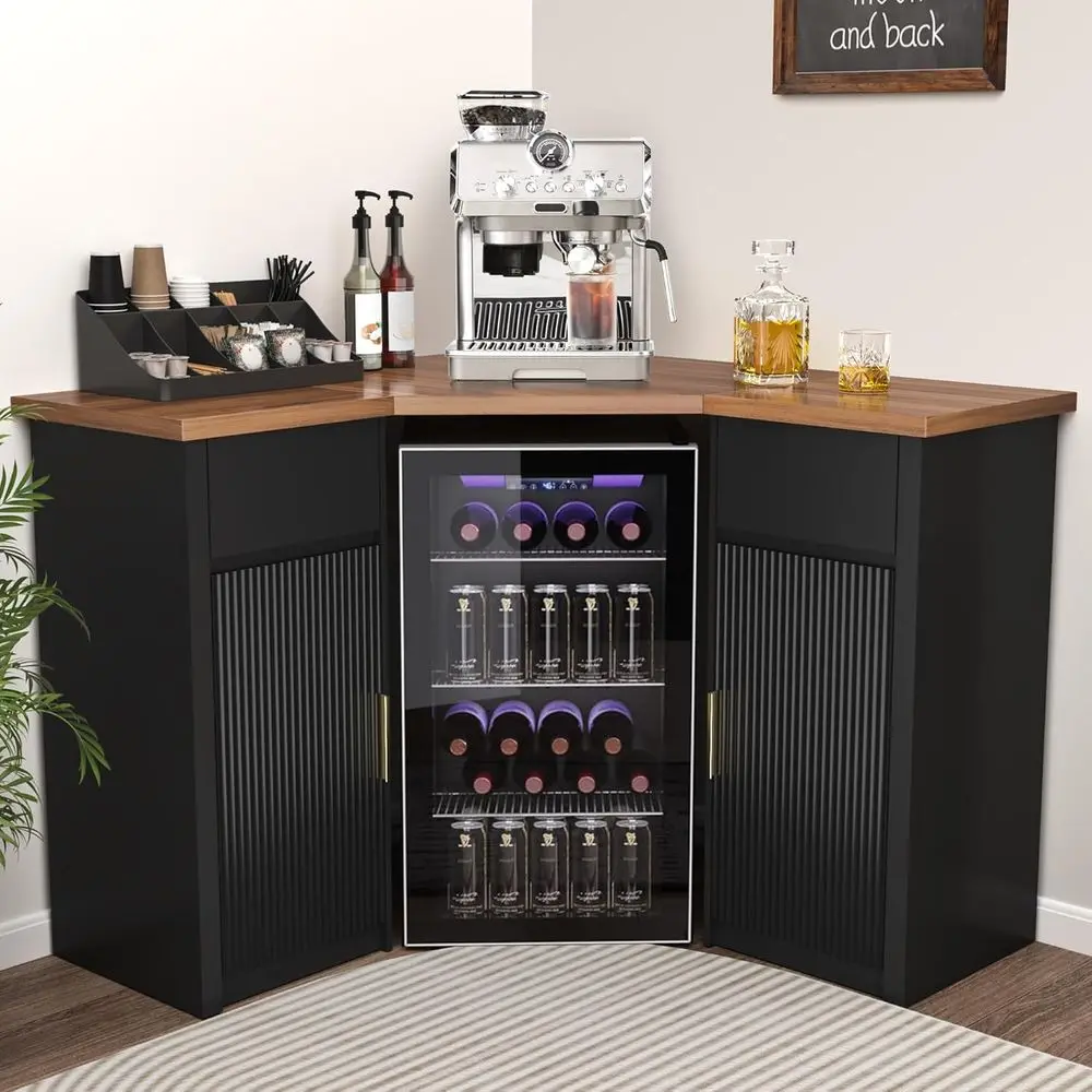 

Ridged Storage Bar Cabinet, Coffee Bar Station, L-Shaped Wine Liquor Home Cabinet