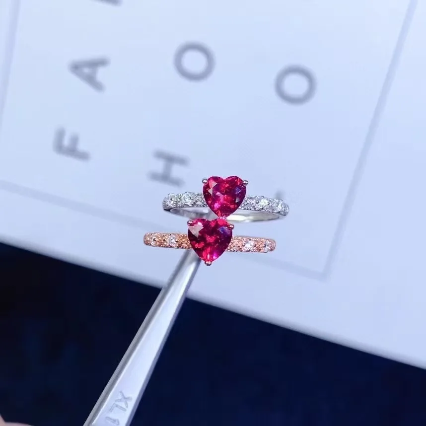 925 Silver Chain Design Ring Heart Cut 6mm Natural Pyrope Garnet Ring 18K Gold Plated Garnet Silver Jewelry