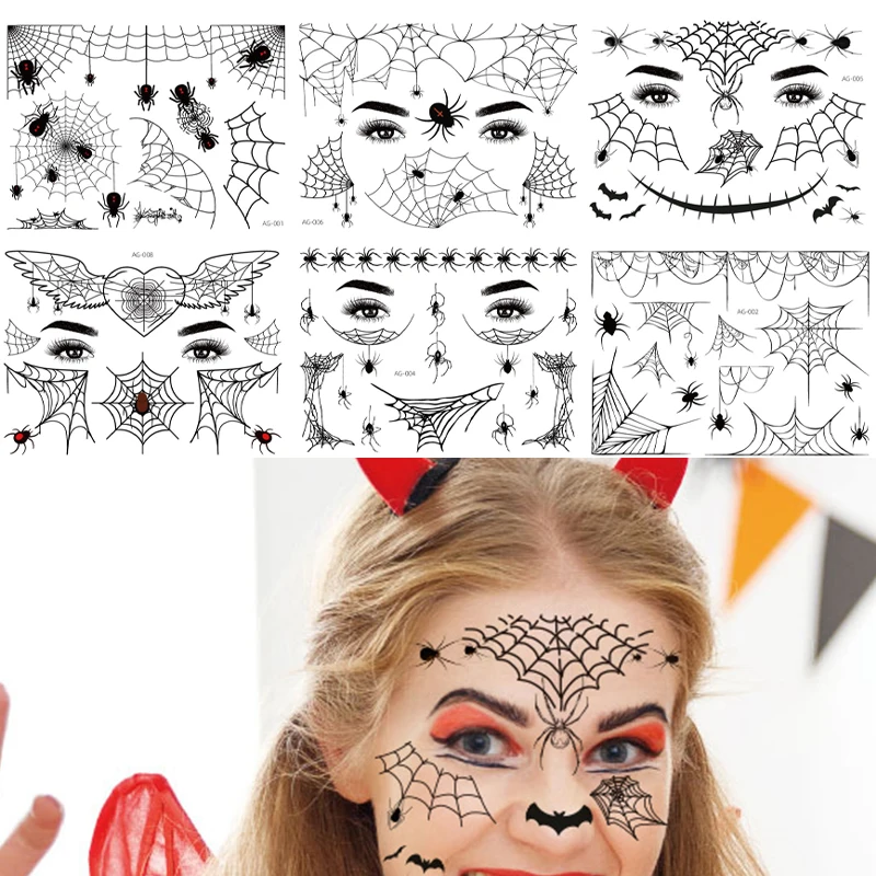 

Временные татуировки для тела «День мёртвых»: чёрные летучие мыши и паутина, грим для Хэллоуина, наклейки для лица