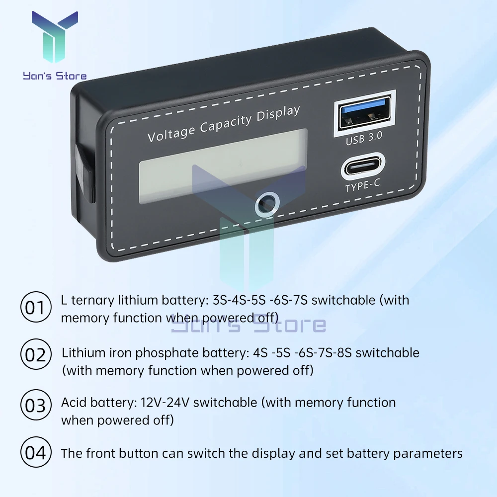 DC 8-30V Digital Battery Capacity Indicator Lead-acid Lithium Iron Tester Instrument Tool USB+Type-C Fast Charging Interface