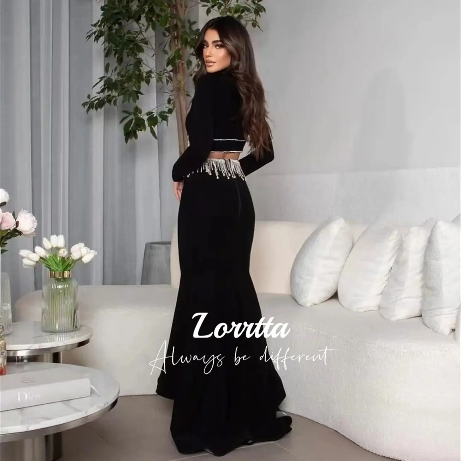 Women's black evening dress with hollow tassels long-sleeve floor-length fishtail dress sexy Customized elegant evening dress