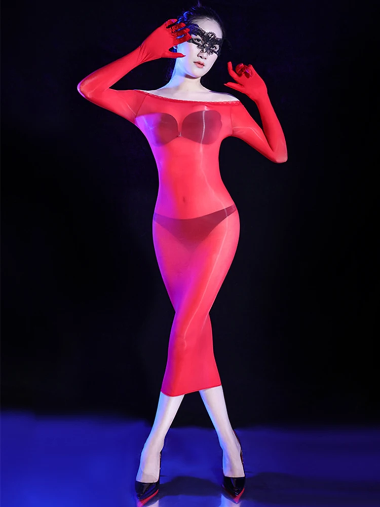 女性用ファイブグローブタイトペンシルドレス,透明,タイト,光沢,ロング,エラスティック,ヒップステップ,セクシー