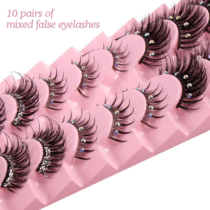 1/5/10 Pairs Natural False Eyelashes Manga Lashes Faux Mink Lashes Soft Winged Natural Realistic Eyelash Extension Paste diamond