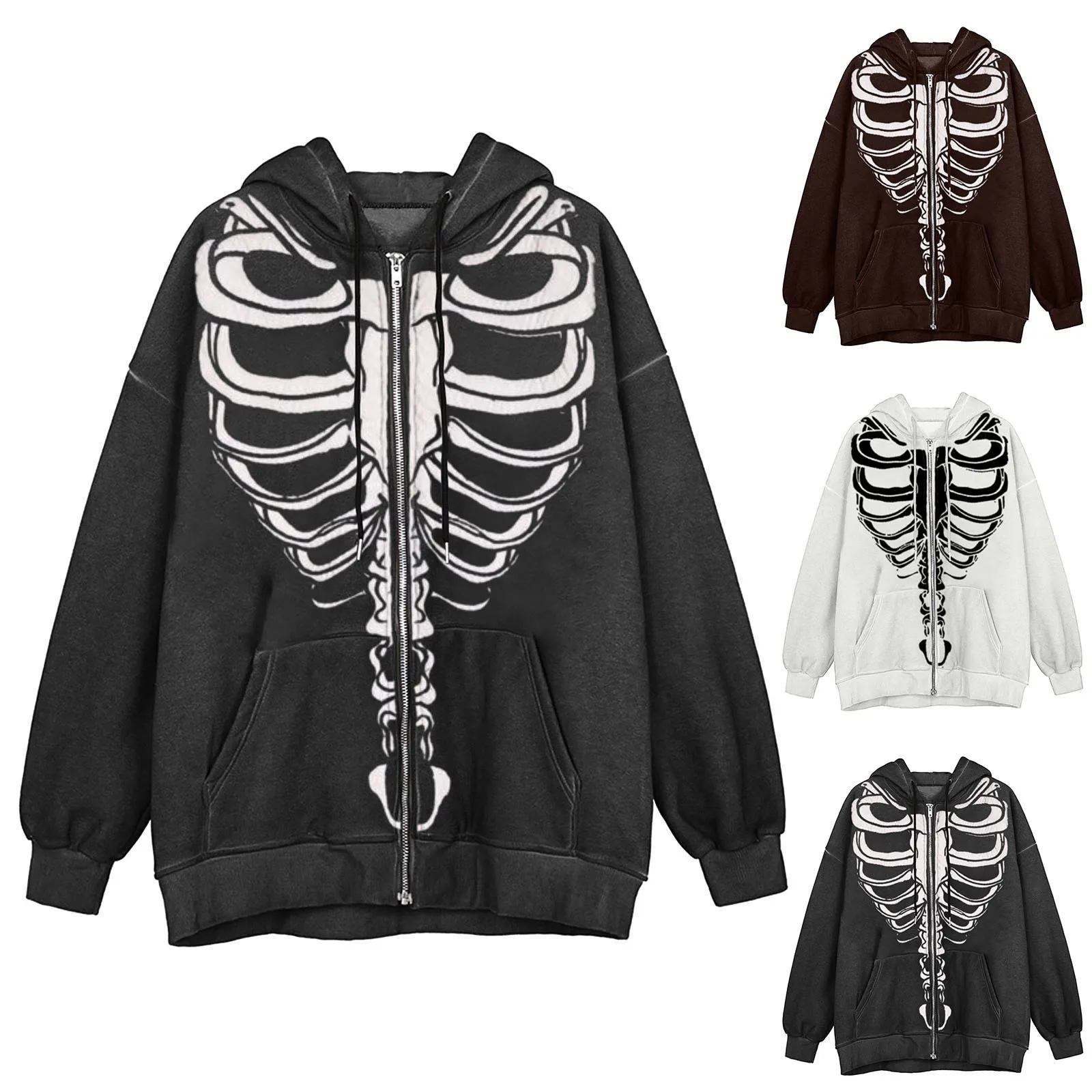 

Women's Skeleton Print Hoodie Zip up Sweatirt Rhinestone Detail Winter Faion Ladies Comfortable Fit Hooded Top
