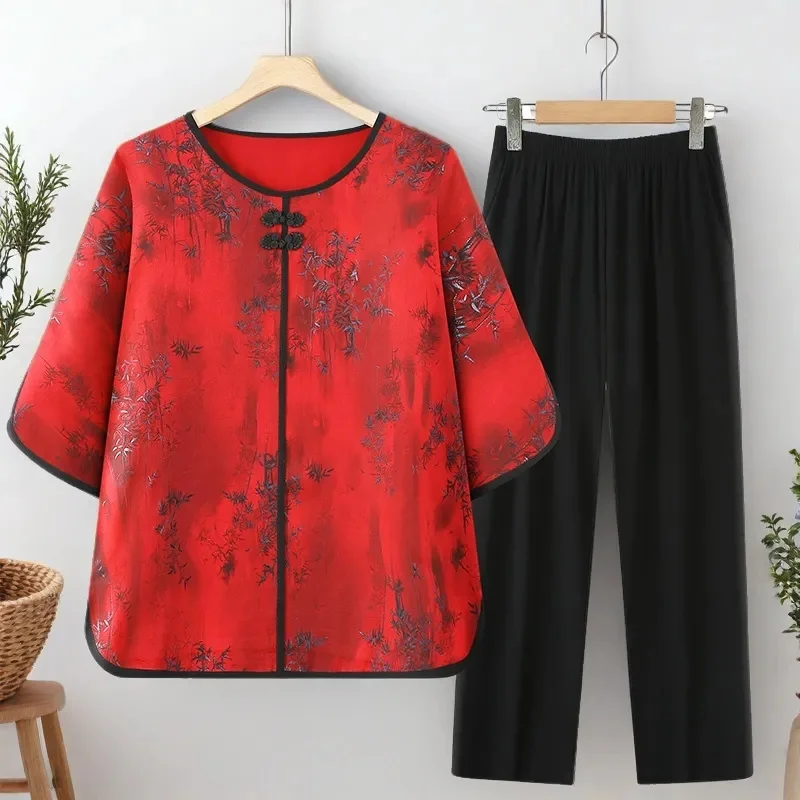 

Middle Aged Mother Fashion Large Size 6XL Shirt Two-piece Set Summer Lady Short Sleeve Blouse 2pcs 2025 Female Velvet Satin Set