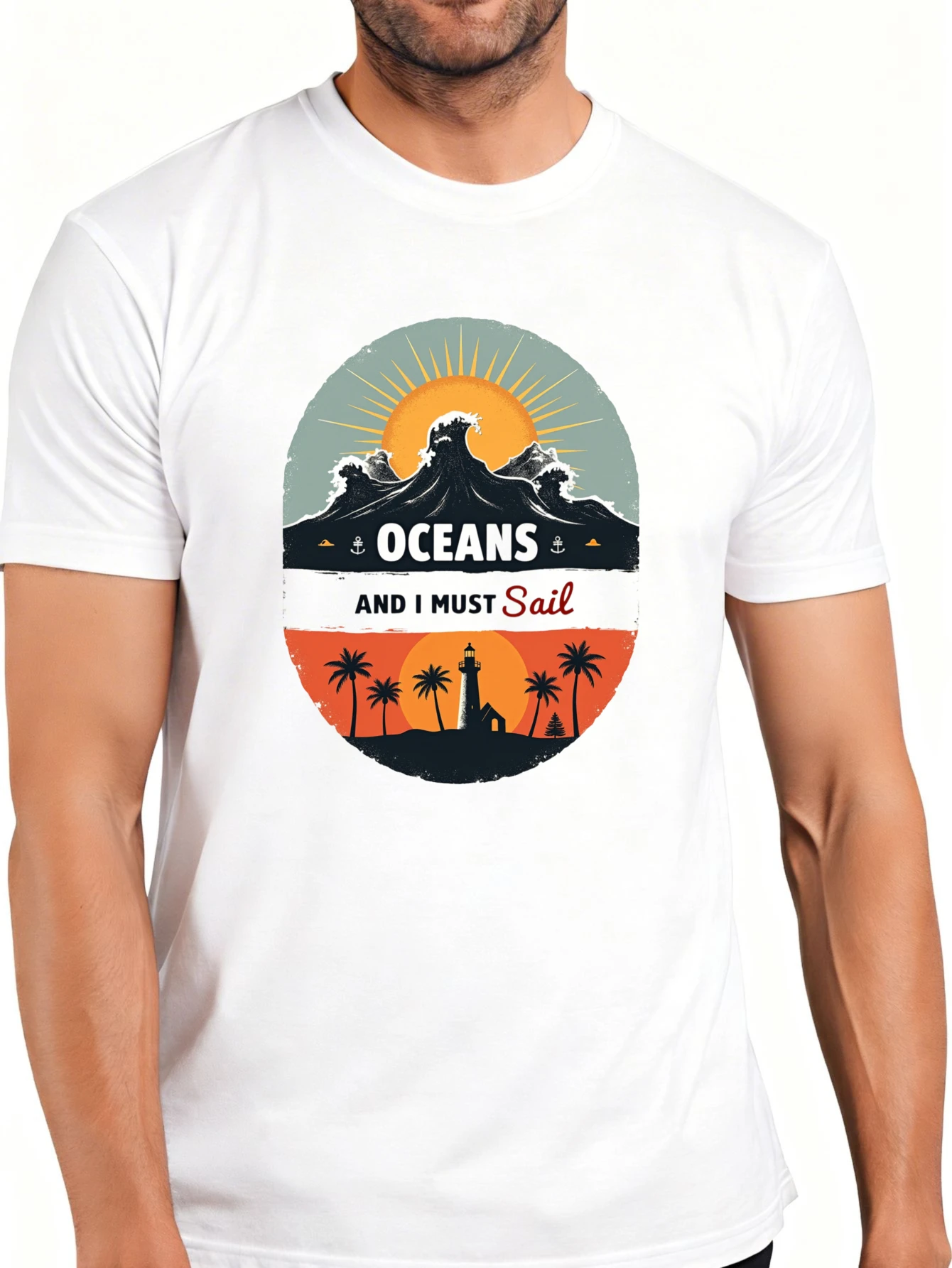 Men's Plain Graphic T-Shirt - Breathable, Soft, Lightweight - Waves, Lighthouse, Palm Trees - Vintage Fun Pattern Casual Short Sleeve Summer Top, Gift for Him