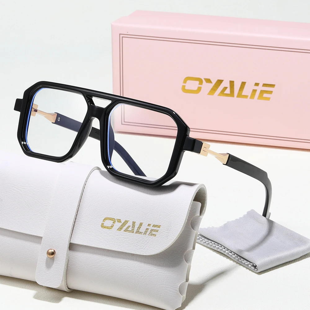 Oyalie Fashion Women's Anti-Blue Glass Style Square Double Bridge Frame, Tortoiseshell Multi-Color Frame, Suitable for Computers and Mobile Phones to Read
