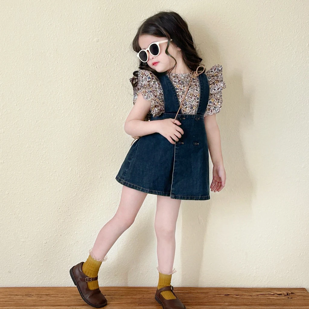 Children\'s Clothing Sets Floral Print Fly Sleeve Shirt + Denim Slip Dress 2pcs Sets Kids Clothes for Girls Kids Boutique Clothes