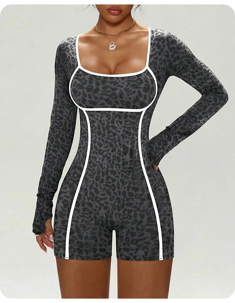Women's Leopard Print Long Sleeve Yoga Jumpsuit Slim Fit One Piece Workout Romper Shorts Athletic Fitness Bodysuit