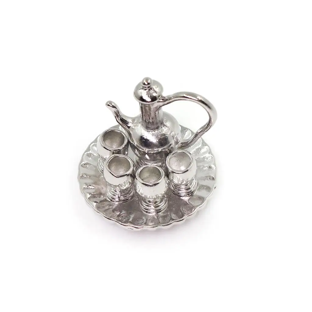

Silver Mini Alloy Tea Set Dollhouse Miniature Tableware Furniture Playset for 1 12 Scale Kids