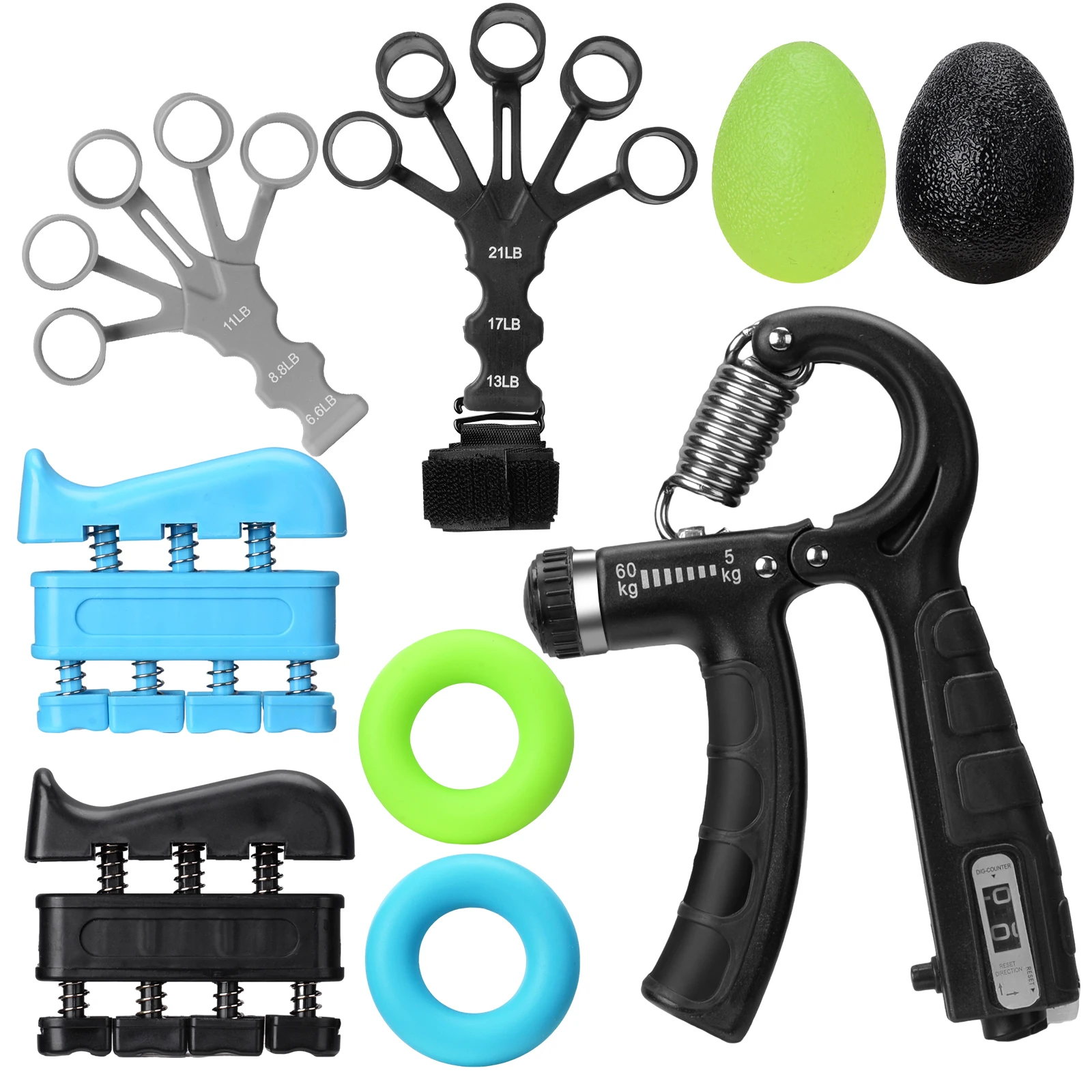 9 Strength Trainer Kit with Finger Exerciser, Grip Strengthener, Stretch Exerciser and Grip Ball for Mucle Building