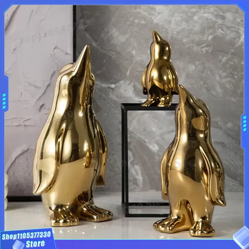 Gold Plated Ceramic Penguin Figurine Creative Standing Ornament for Living Room Desktop Home Decor High End Texture Small