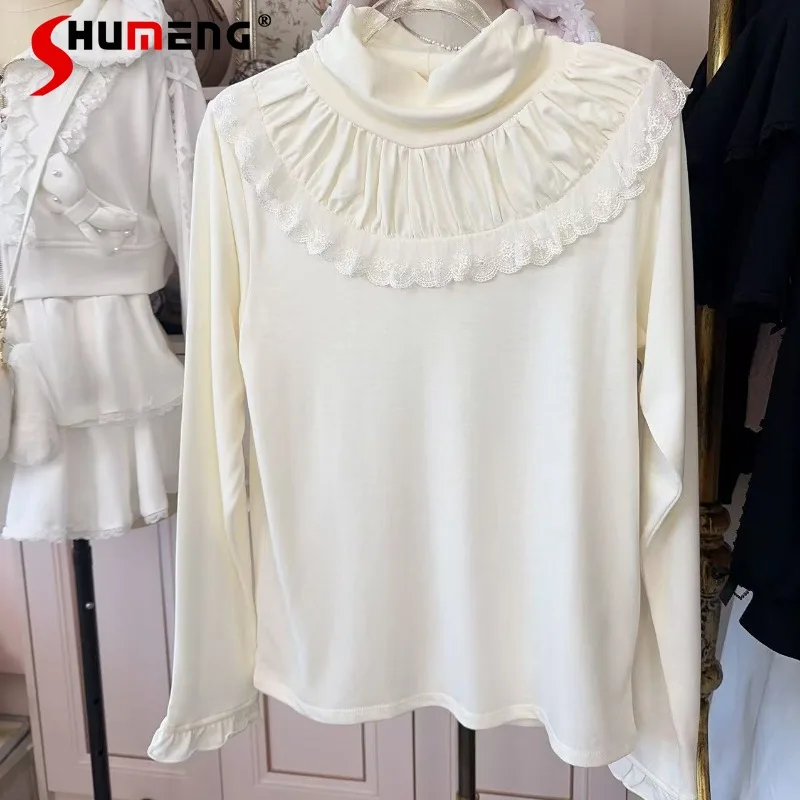 

Sweet Lace Collar Long-sleeved Bottoming Shirt Women's Elastic Inner Stand-up Collar Slim Fit Cute Japanese Kawaii Y2k T-shirts