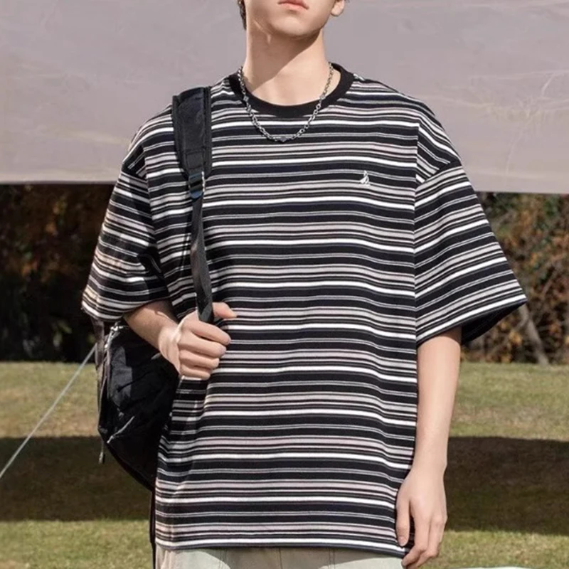 Mens Classic Horizontal Stripe Crew Neck Small Embroidery Logo Loose Oversized Short Sleeve T Shirt