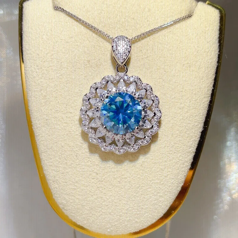 Blue Diamond Necklace Pendant For Ladies Set With Striking 5Carat Blue Moissanite On PT950 Platinum Daily Matching Neck Ornament