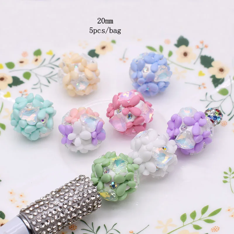5pcs/bag Shiny Polymer Clay Beads Rainbow Rhinestone Disco Round Flower Beads for Jewelry Making DIY Pen Mobile Phone Chain