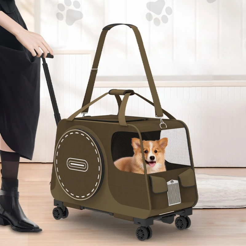 

Pet Carrier Bag with Detachable Trolley 360 Swivel Wheels Breathable Mesh Windows and Dual Entry Travel Design