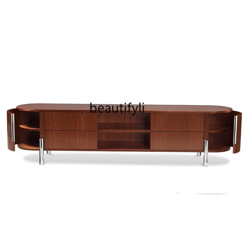 

Italian light luxury TV cabinet solid wood Nordic stainless steel locker arc, luxury minimalist floor cabinet