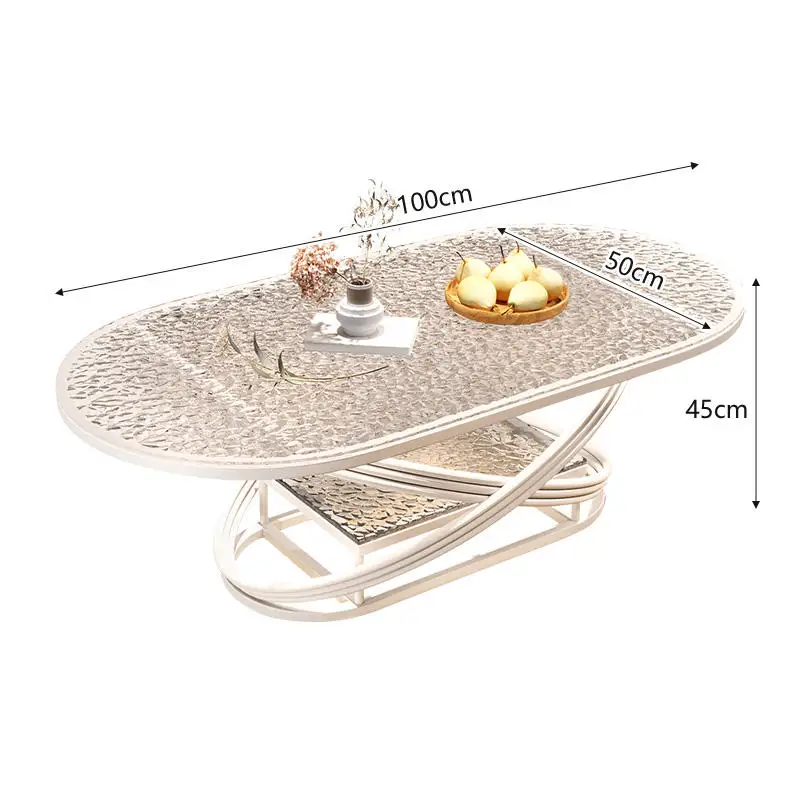 xx-Modern Cream White Oval Coffee Table with Textured Water Ripple Glass Top and Metal Frame for Coffee Table^