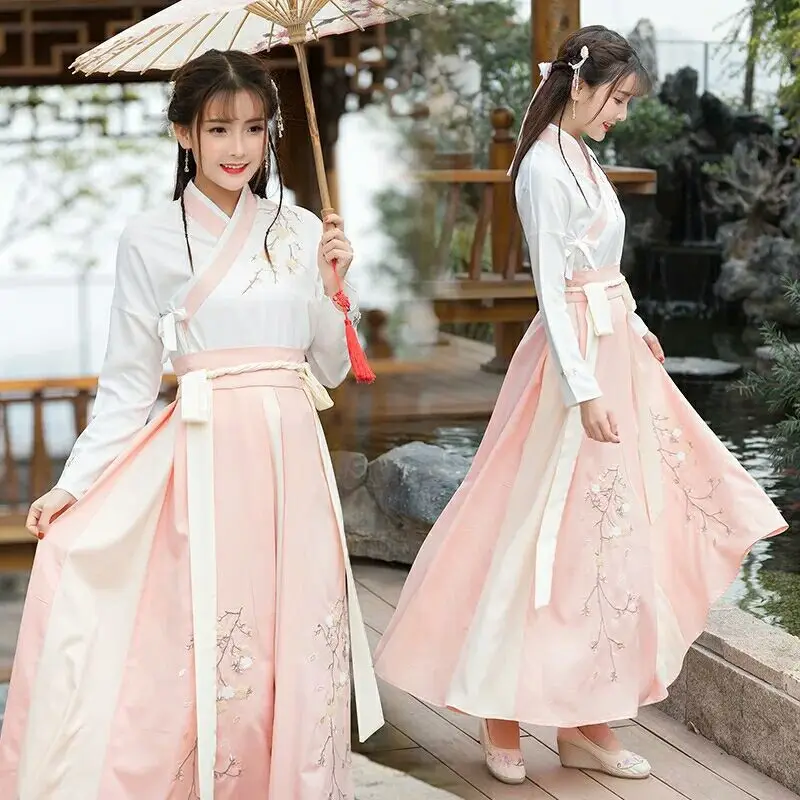 Hanfu 중국어 한복 여성 의상 성인 학생 명나라 개선 허리 길이 사롱 데일리 칼라 세트 드레스 파티 