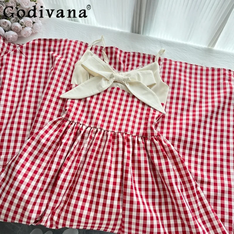 Summer Beach Style Women Plaid Long Dress Elegant Lace Patchwork Korean Dress Female Lolita Design Sexy Bow Collar Dress