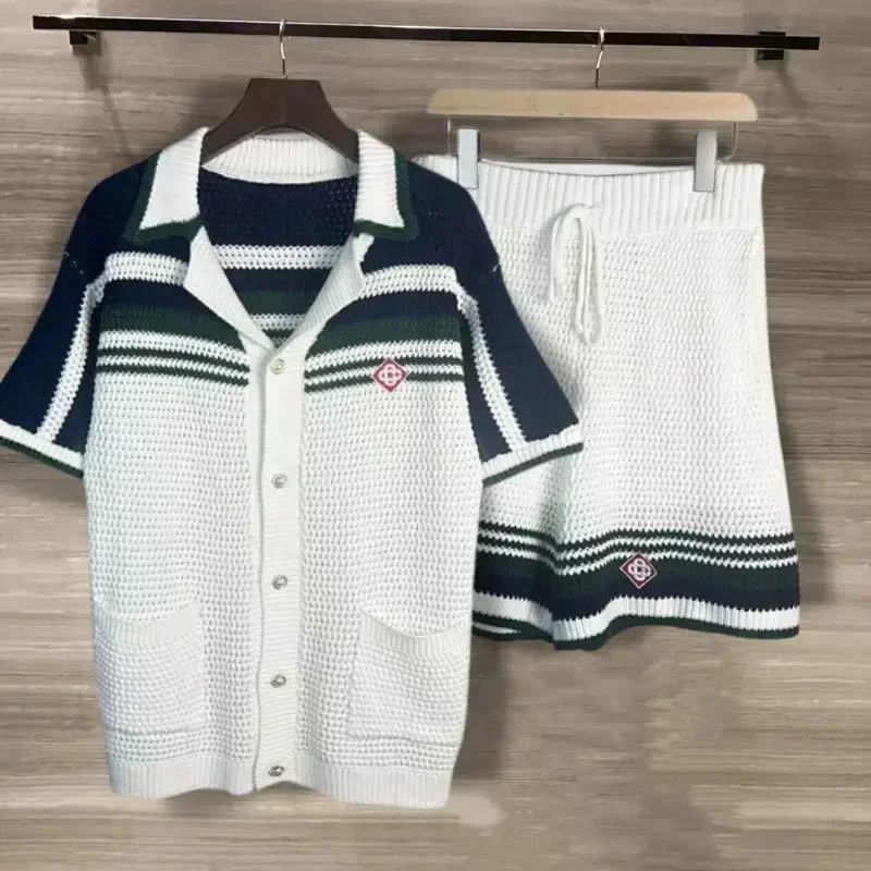 

25SS Green Striped Pearl Buckle CASA Knitted Short Men Women Casa Pure cotton Casual Knitted Set