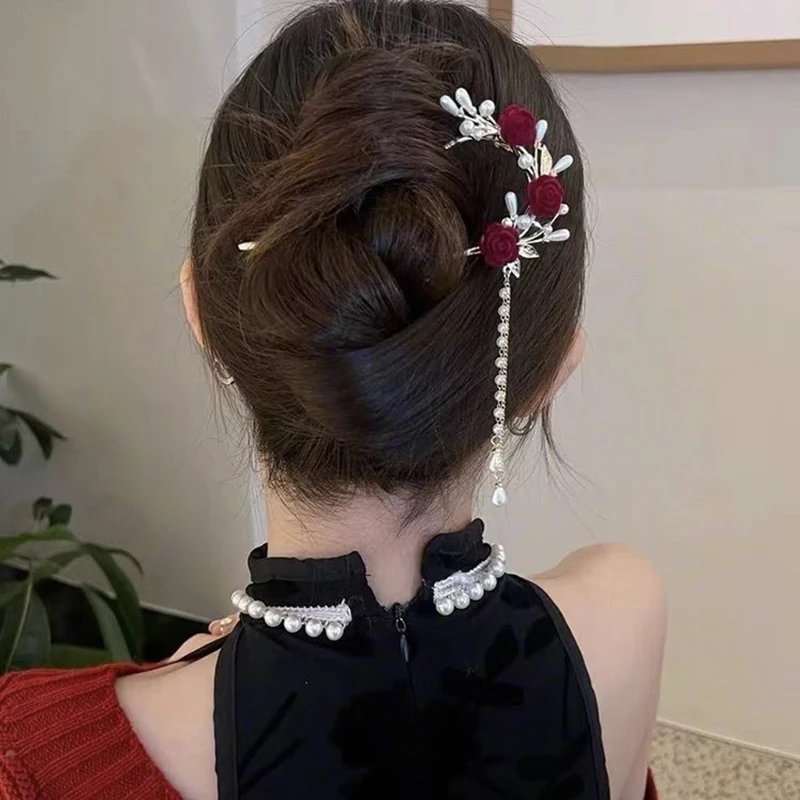 New Chinese Style Red Rose Fringe Hairpin Vintage Rose Hair Sticks Hairwear For Women Hair Fork Disk Hair Chopsticks Headdress