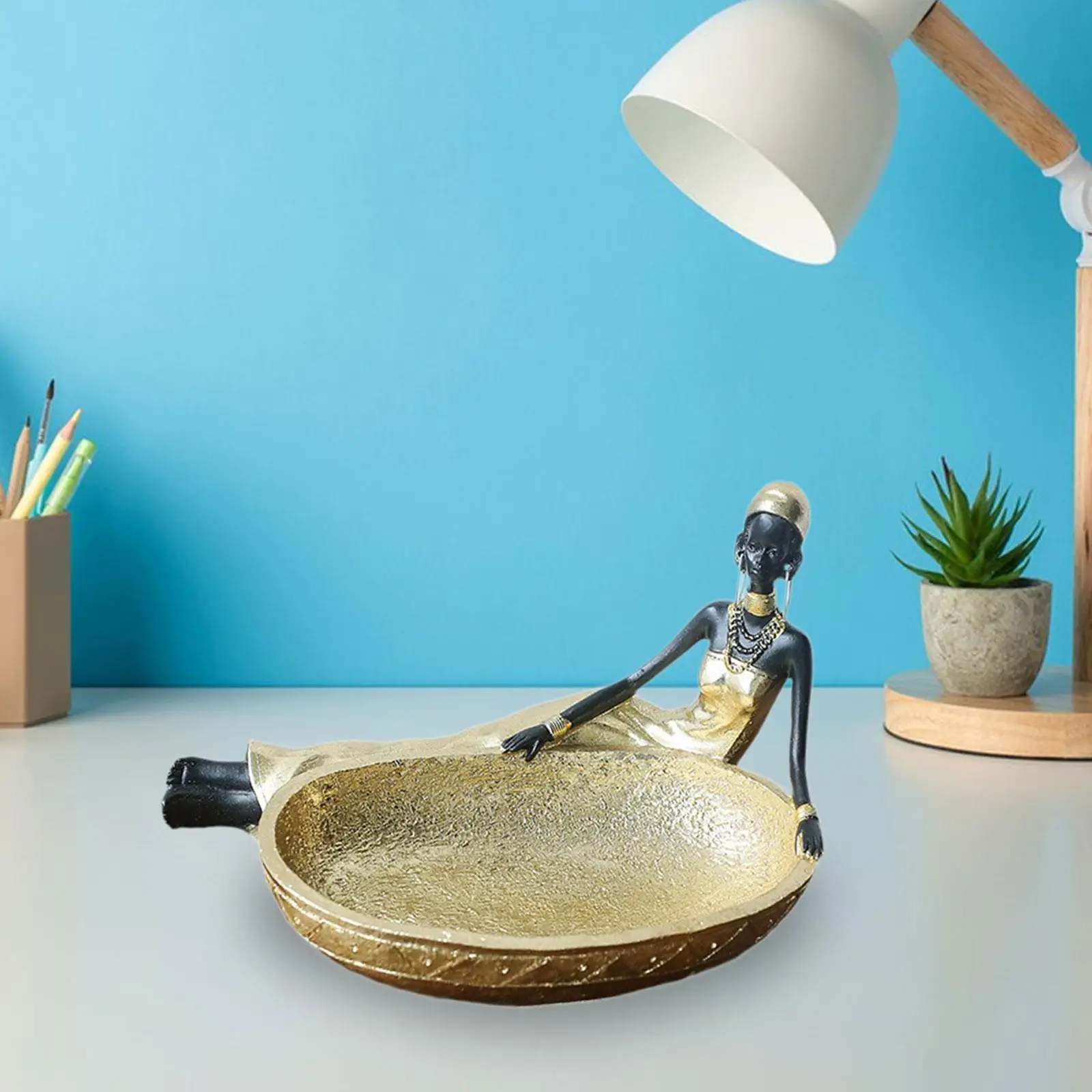 Statuetta africana statua della ragazza con vassoio da portata vassoio di caramelle decorazioni per soggiorno figurina tribale della signora per l'appartamento d'ingresso